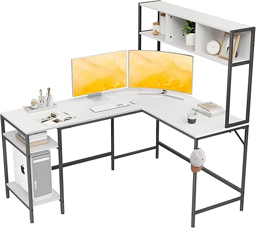 BANTI Escritorio en forma de L con cabina, escritorio esquinero de 60 pulgadas, mesa de juegos de oficina en casa con estantes de almacenamiento,