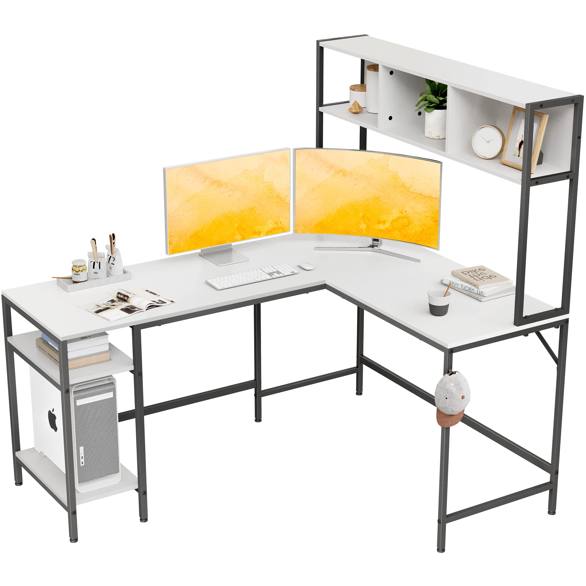 Cubiker L-Shaped Desk with Hutch, 60" Corner Computer Desk, Home Office Gaming Table with Storage Shelves, Space-Saving, White
