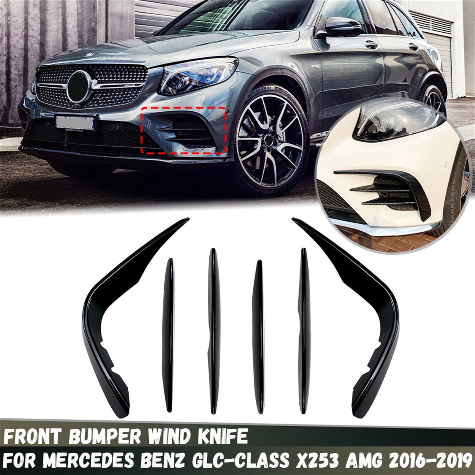 Przedni zderzak, splitter, pasuje do Mercedesa, pasuje do Benz, pasuje do klasy GLC, GLC260, GLC300, GLC43, pasuje do AMG X253 2016-2019 spoiler samochód warga ochronna(4PCS Glossy Black)