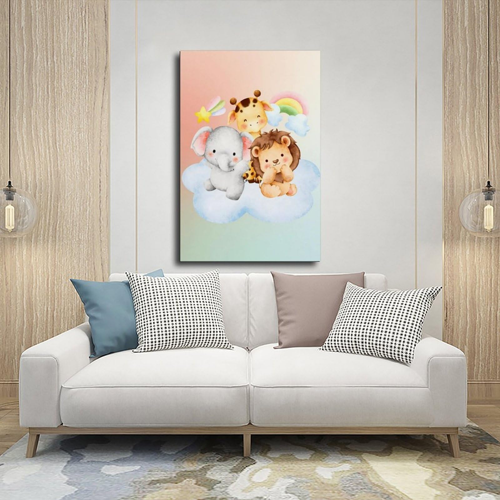Elefanti, leoni, giraffe, una camera dei bambini a tema giungla in un parco naturalistico. Poster su tela per camera da letto, decorazione per ufficio, camera da letto, regalo, 61 cm L x 91,4 cm W