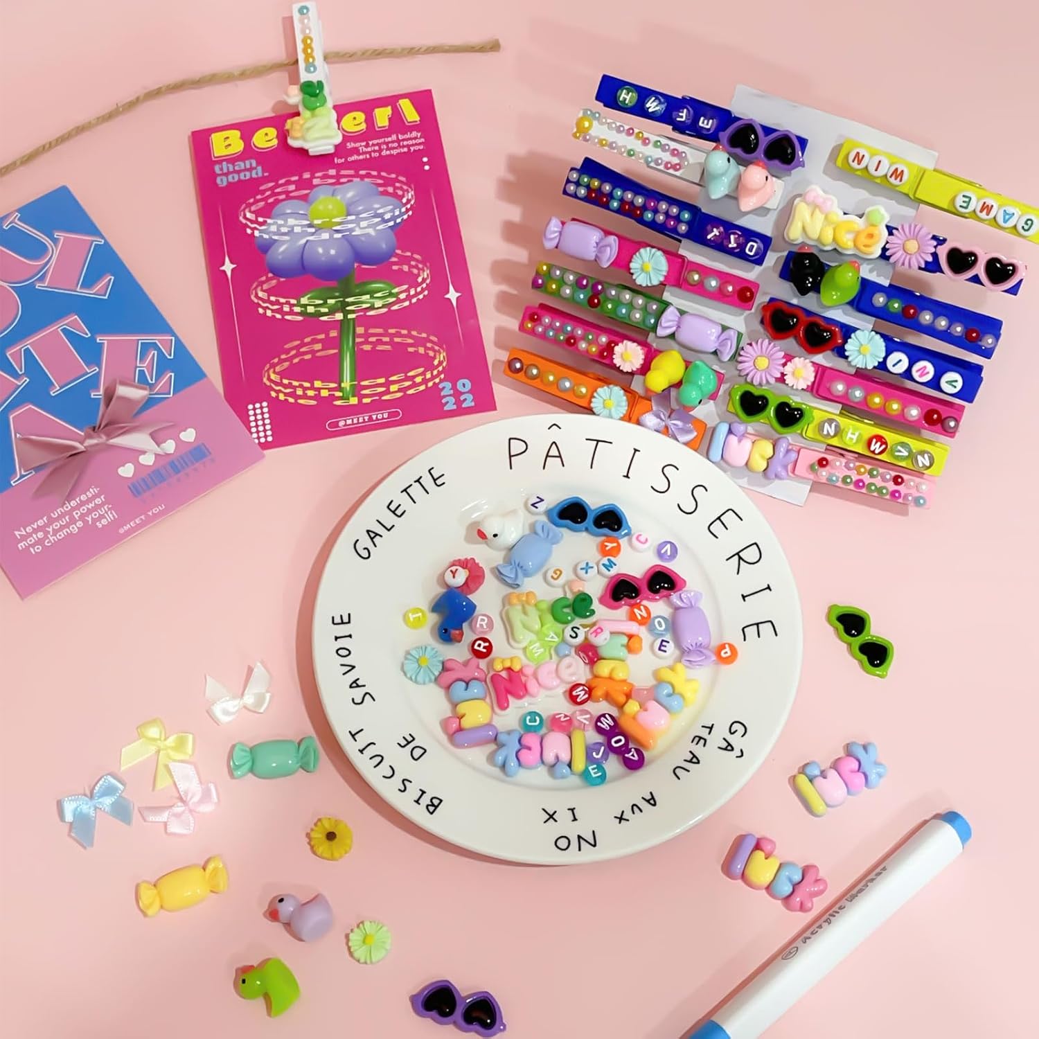 100 Set Cheer Pins Spirit Clips, Wooden Colored Clothes Pins with Tools,Cheer Pin Kit 180 Mini Bows Ducks Daisy Balls 300 Letters 4 Stickers, DIY Custom Pins for Backpack Team Cheerleader Gifts