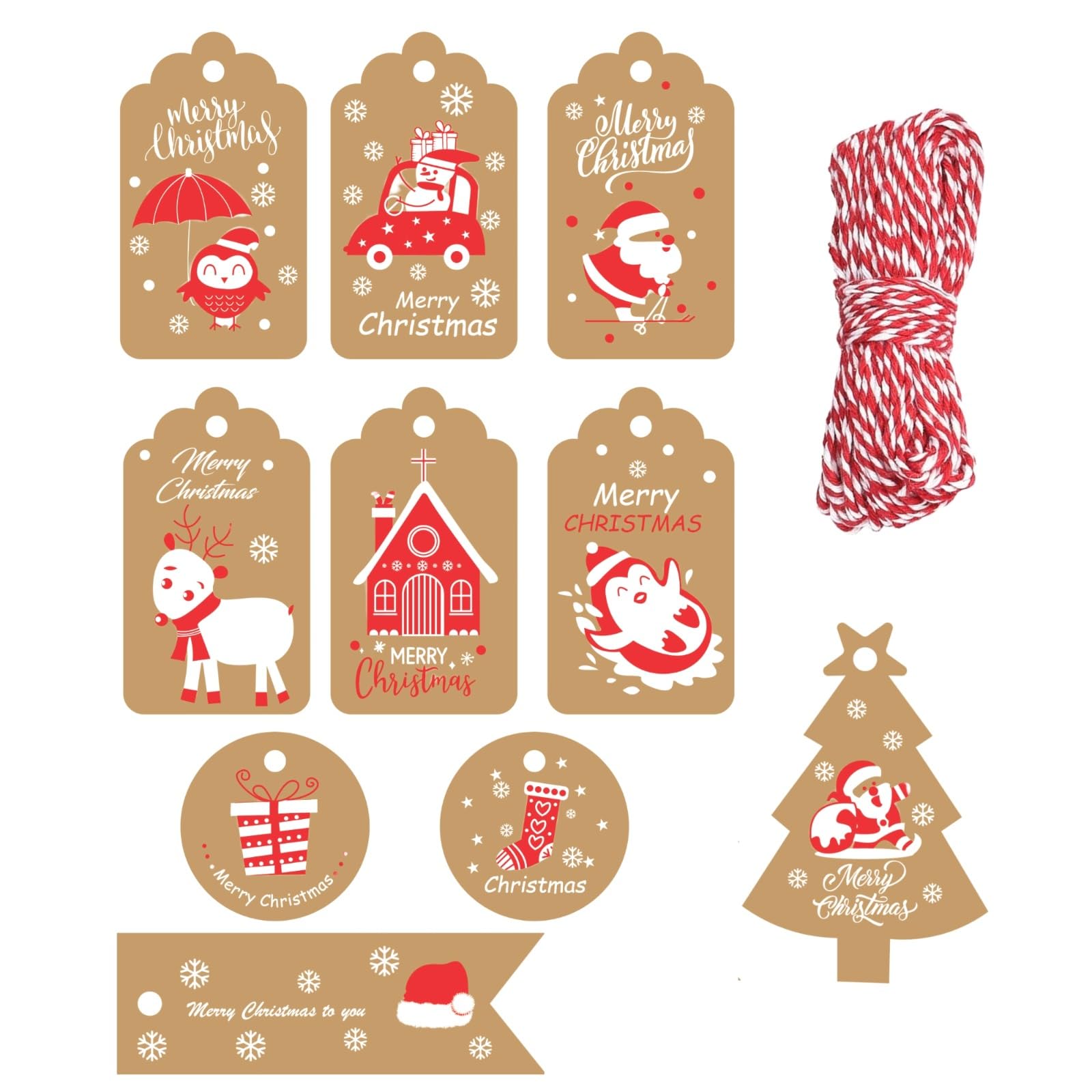 DENSCO Christmas Tags, 100 Pieces 10 Styles Kraft Paper Tag Hang Labels with 20M Cotton String for Decorating Christmas Trees or Packaging (7x4cm)