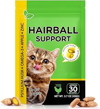 Cat Hairball Support Treats with Psyllium Husk & Omega-3, Chicken Flavor Soft & Crunchy Bites for Ingested Hair Elimination, Digestive & Skin Health, 3.7 oz 100g