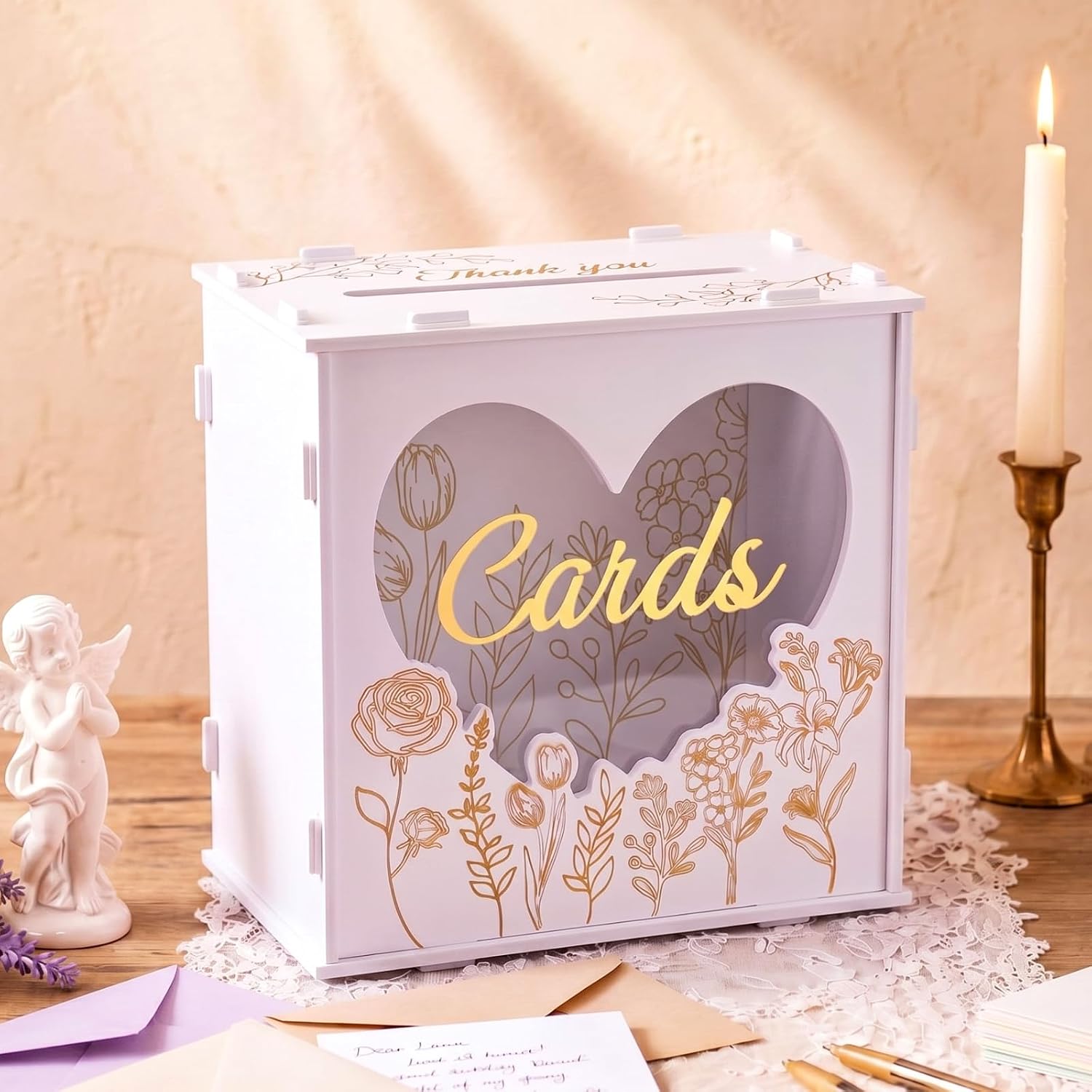 Novabright White Wedding Card Box for Reception with Heart Window, 10x6x10 Inch PVC Colorful Floral Gift Card Box for Wedding, Cards Storage for Bridal Shower Anniversary Graduation Birthday Party