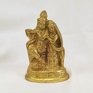 Brass Radha Krishna Idol 3.5 Inch 150g Handmade Hindu God Statue for Home Temple, Office Decor, Traditional Murti for Puja Room, Meditation Space, Spiritual Gift and Religious Brass Showpiece