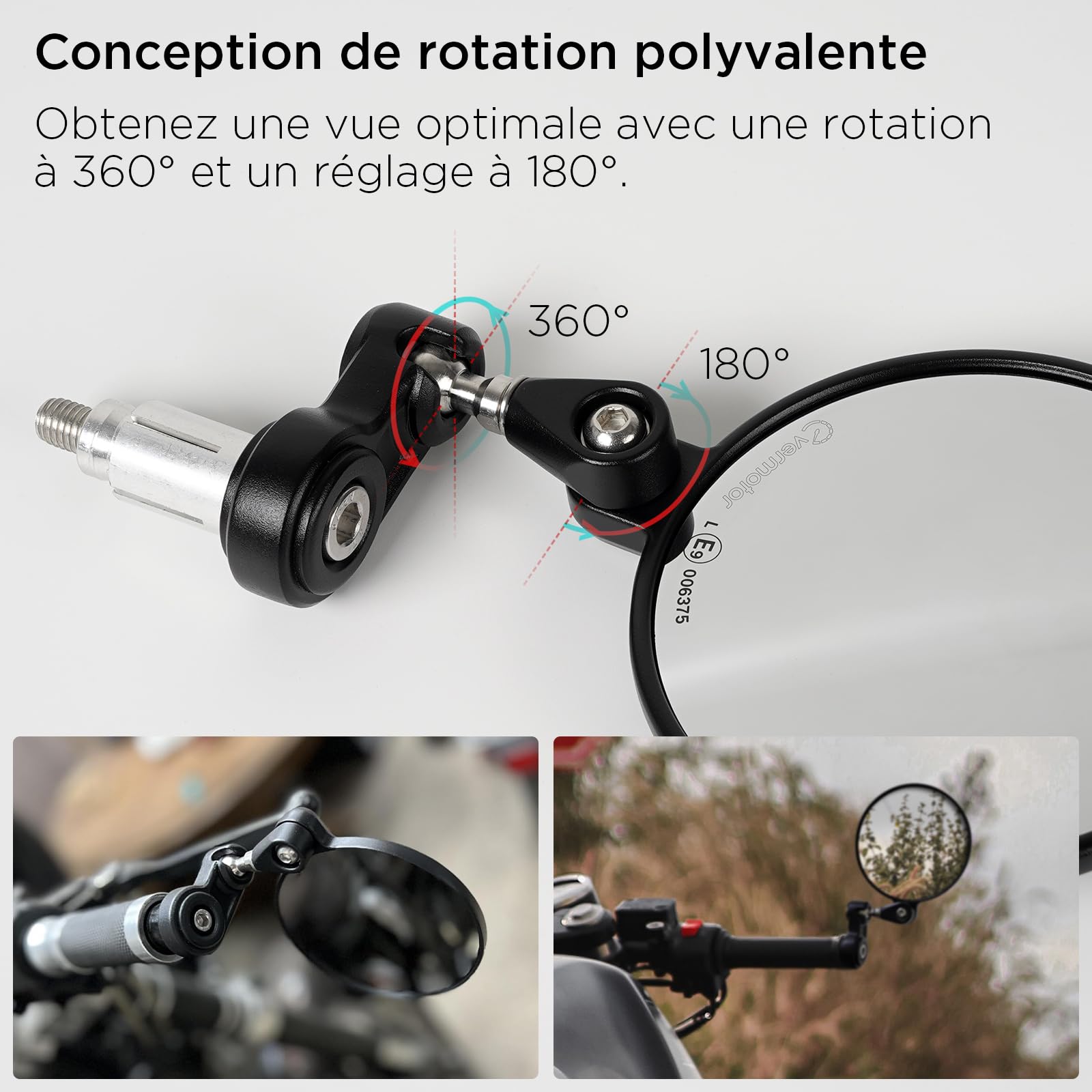 Evermotor Miroir De Guidon Homologué E, Miroir Moto 360°, 102mm Rond