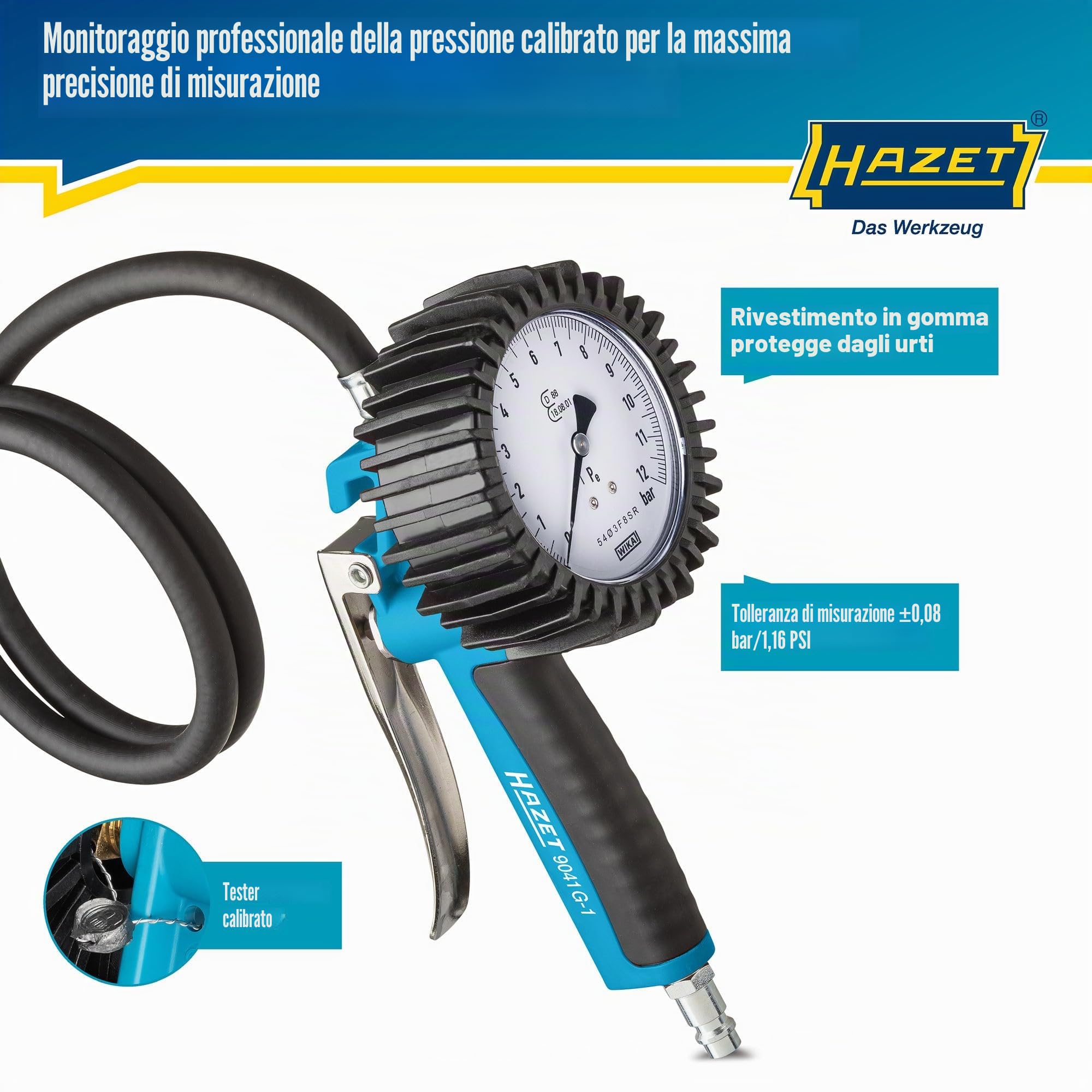 Manometro per pneumatici HAZET 9041G-1, Calibrato, di facile lettura, campo di misurazione del manometro: 0-10 bar, lunghezza del tubo flessibile: 1000 mm, diametro del manometro: 80 mm