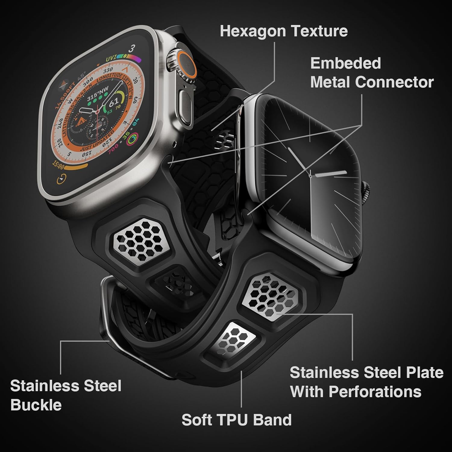 ULTIMAL Compatible with Apple Watch Band 42mm/44mm/45m/49mm/46mm, Metal Vent Design for iWatch Ultra Series 10 9 8 7 6 5 4 3 SE