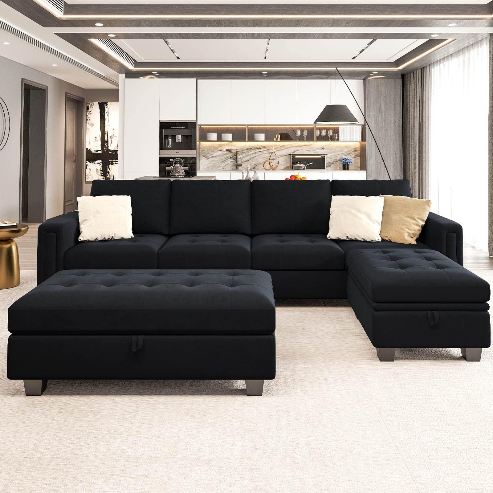 Velvet Convertible 4-Seat Sectional Sofa with Reversible Chaise L Shaped Sofa Couch Furniture Sets Sectional Couch with Storage Ottoman Black