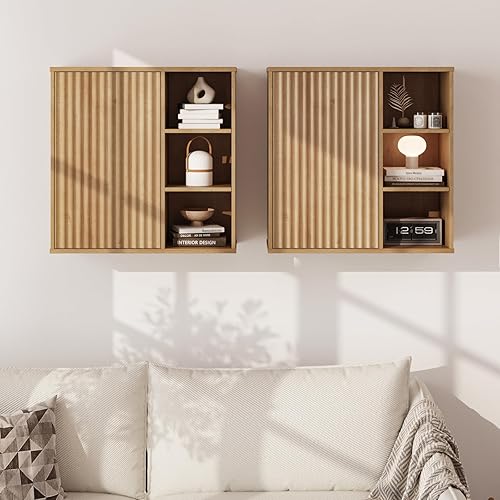 Miniatura 9 de Armario de pared de baño estriado, pequeño gabinete de pared de medicina con puertas y estantes ajustables, gabinete de almacenamiento montado en la