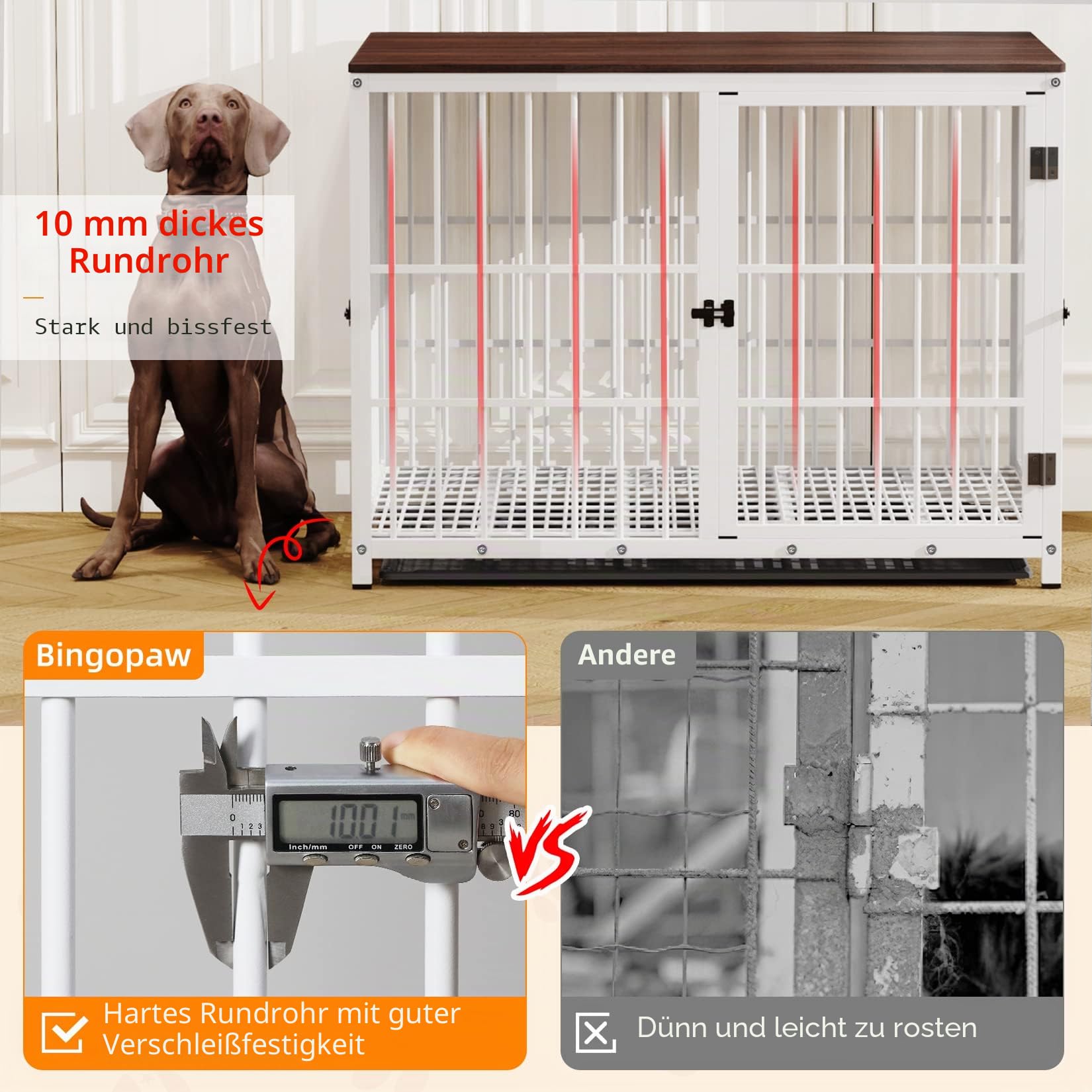 BingoPaw Hundekäfig Möbel XL Hundebox für Zuhause, Modern Hundehütte Indoor mit 3 Türen und abnehmbarem Tablett, Multifunktional Hundeschrank Beistelltisch TV Schrank Tierkäfig, 107x71x81 cm Weiß