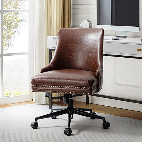 Silla de oficina en casa de piel sintética con base de metal negro y cabeza de clavo, silla de escritorio ergonómica moderna y cómoda con