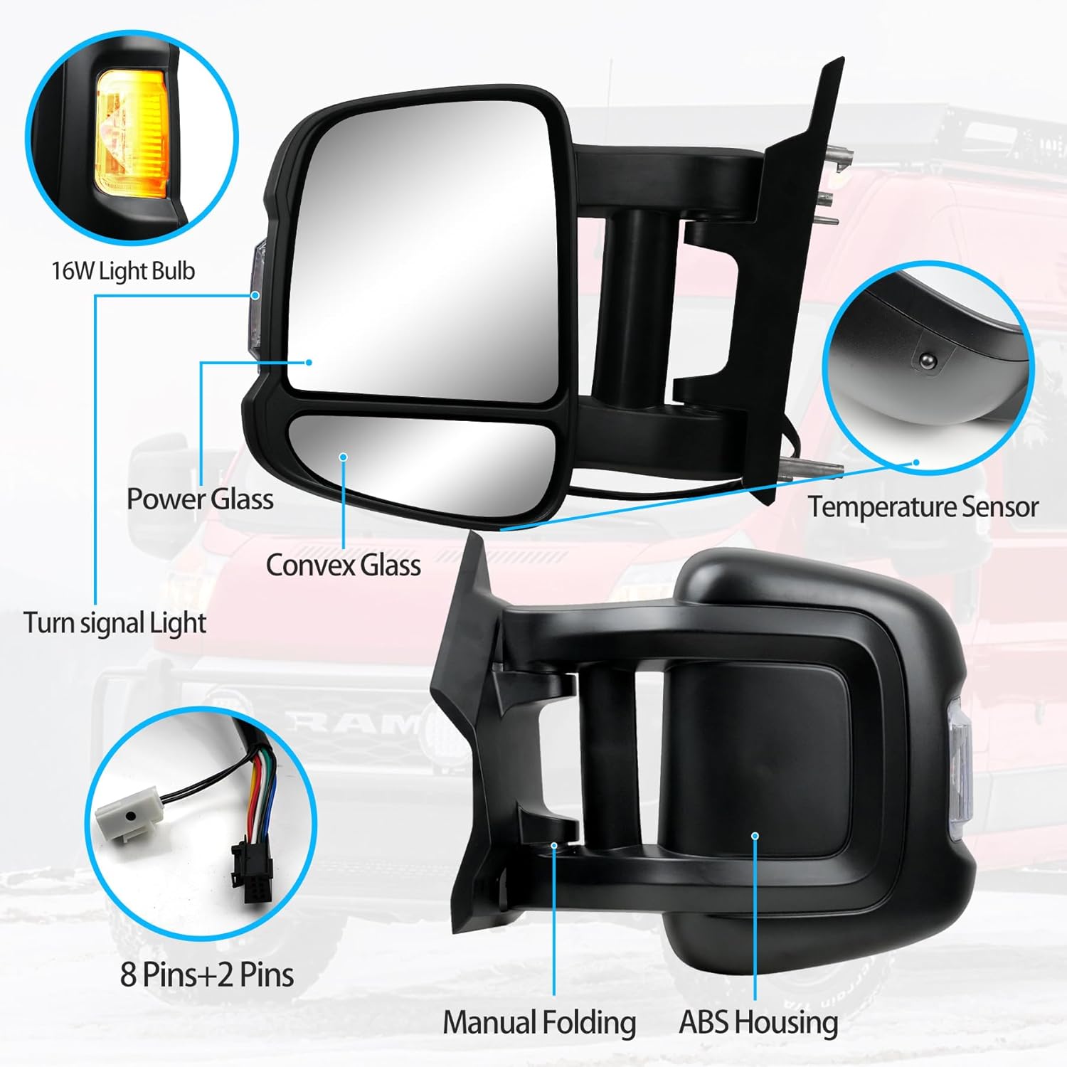 Driver Left Side Extended Long Arm Mirror for Ram Promaster 1500 2500 3500 2014-2023, Heated Power Glass Turn Signal Light Temperature Sensor Manual Folding, View Mirror Assembly(8+2 pins)