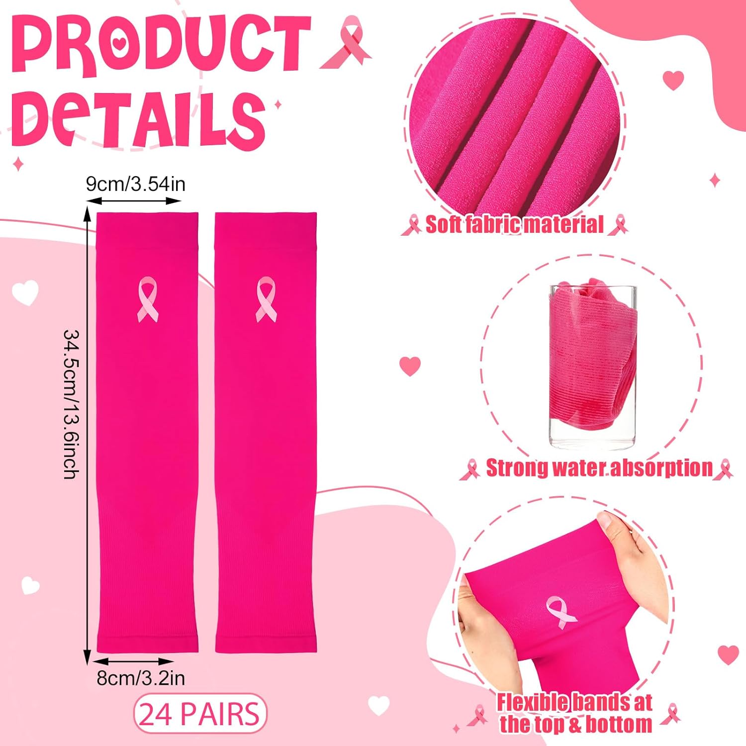 Panitay 24 Pairs Breast Cancer Awareness Sleeves Compression Arm Sleeves Pink Ribbon Sports Arm Sleeve for Baseball Football (Pink)