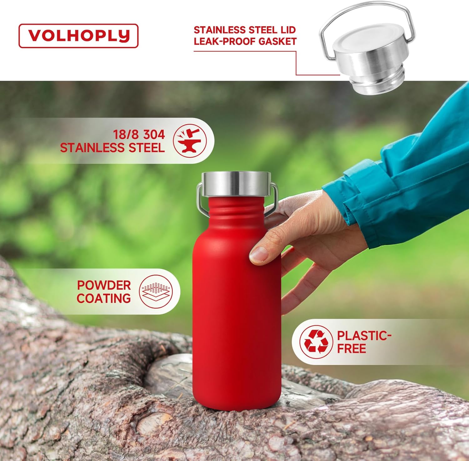 Volhoply 16oz Uninsulated Single Walled Water Bottles 4 Pack, Stainless Steel Kids Water Bottle with Handle & Carabiner, BPA Free 18/8 304 Reusable Water Flask for Camping Hiking Biking (Red,4)