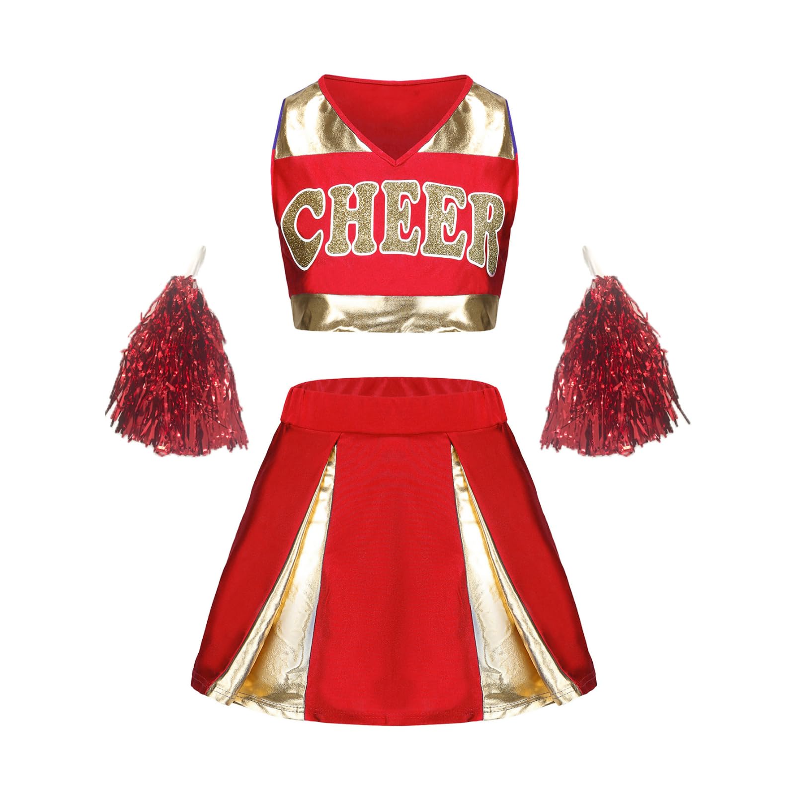 maxToonrain Women Cheerleader Costume with Shiny Gold Accents 3 PCS Adults Cheerleader Outfit with Pom Poms, Top