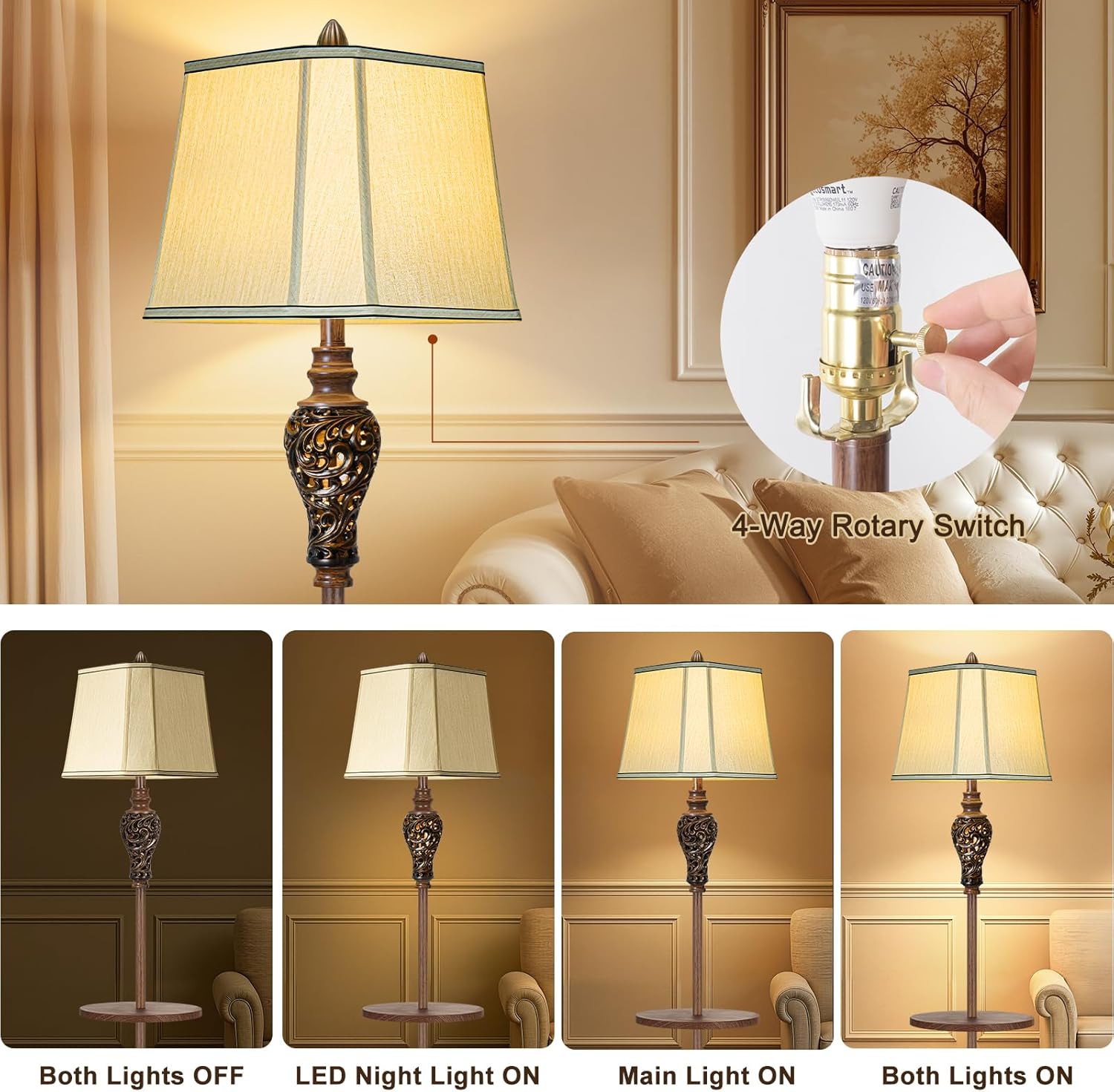 65" High Vintage Floor Lamp with Night Light and Metal Tray, Farmhouse Standing Lamp with Beige Faux Silk Shade, Retro Rustic Tall Lamp Decor for Living Room, Bedroom, Bedside, Corner (Bulb Included)