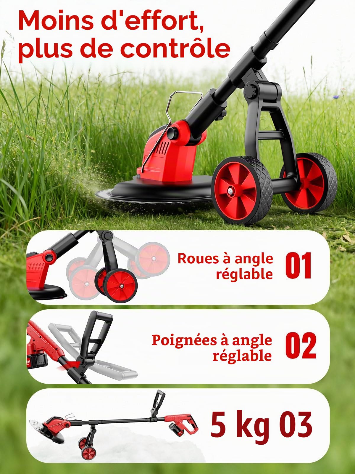 30CM Debroussailleuse Electrique sans Fil, 2x3.0Ah Batterie et Chargeur Coupe Bordure sans Fil, 20 000 TR/Min, Débroussailleuse à Batterie avec 4 Types Lames Longueur RéGlable pour Jardin Élagage