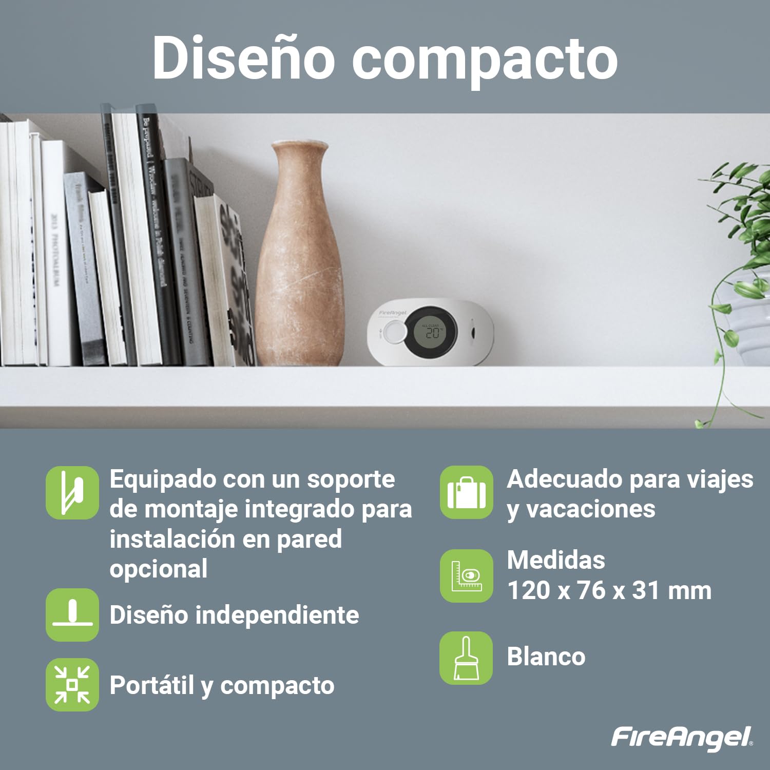 FireAngel Detector de Monóxido de Carbono Digital con Batería Sellada de 10 Años de Duración FA3322 - Alarma de CO, Humedad y Temperatura Portátil