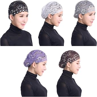 Vpang 5 Pack Womens Muslim Inner Hijab Caps Shiny Lace Head Cover Stretch Beanie Turban Hat Chemo Cap Headwrap Cover