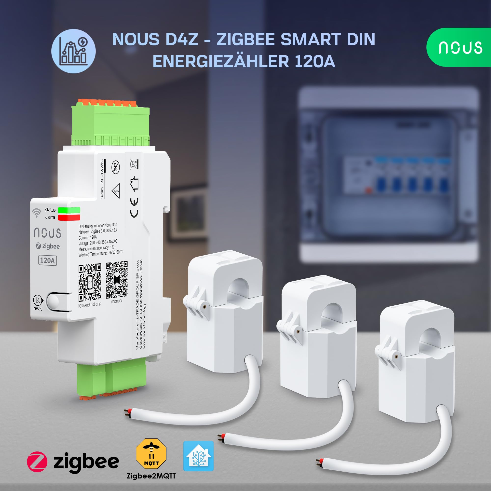 NOUS ZigBee Smart DIN Stromzähler 120A, Energieverbrauchsmonitor, Kompatibel mit Alexa & Google Home, DIN-Schienenmontage, Echtzeit-Überwachung