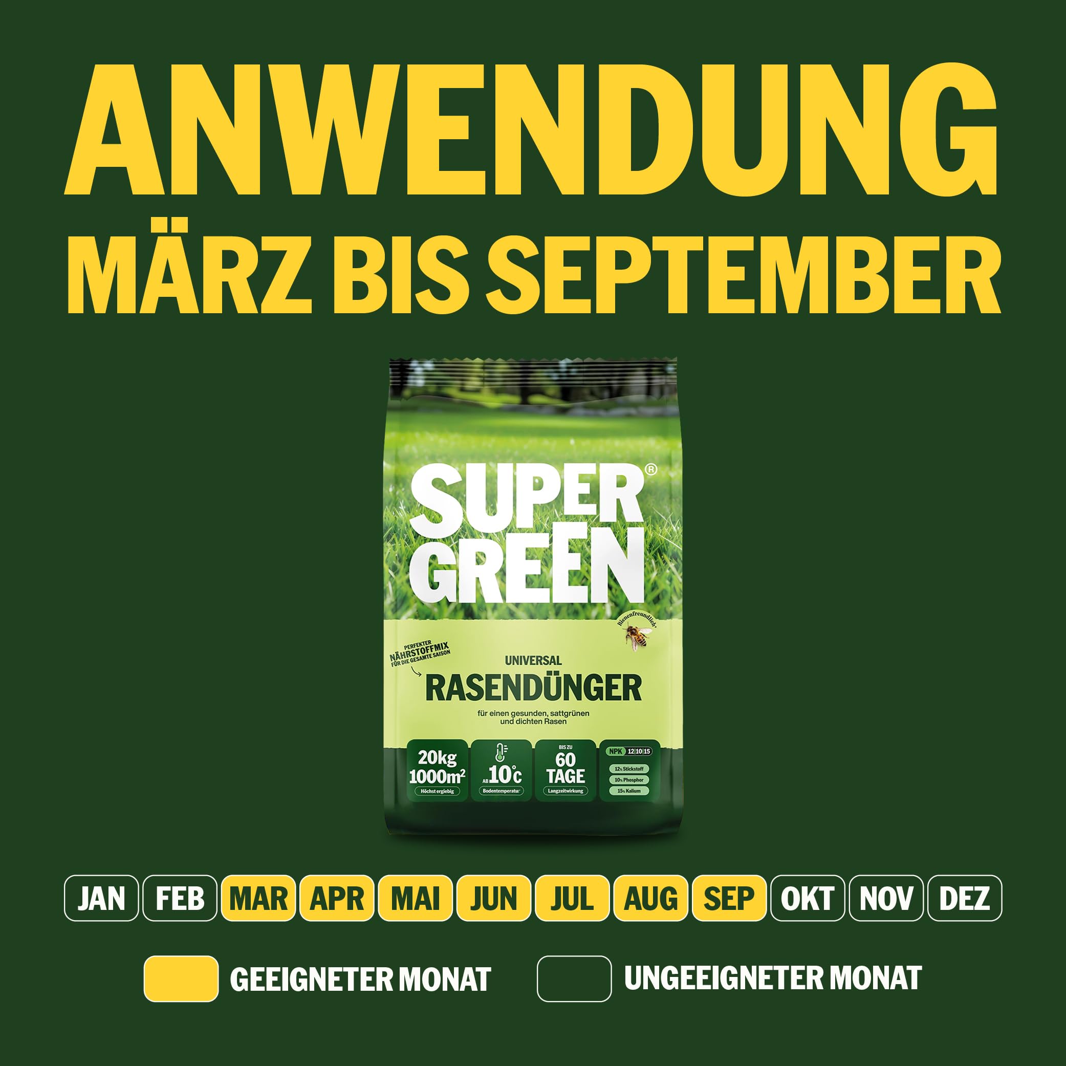 SUPERGREEN Universal-Rasendünger Langzeit bis 60 Tage | 20kg für 1000m² | NPK 12-10-15 für dichten, sattgrünen, gesunden Rasen | Nitratfrei & staubfreies Granulat (2-5 mm) | Ganzjahresdünger
