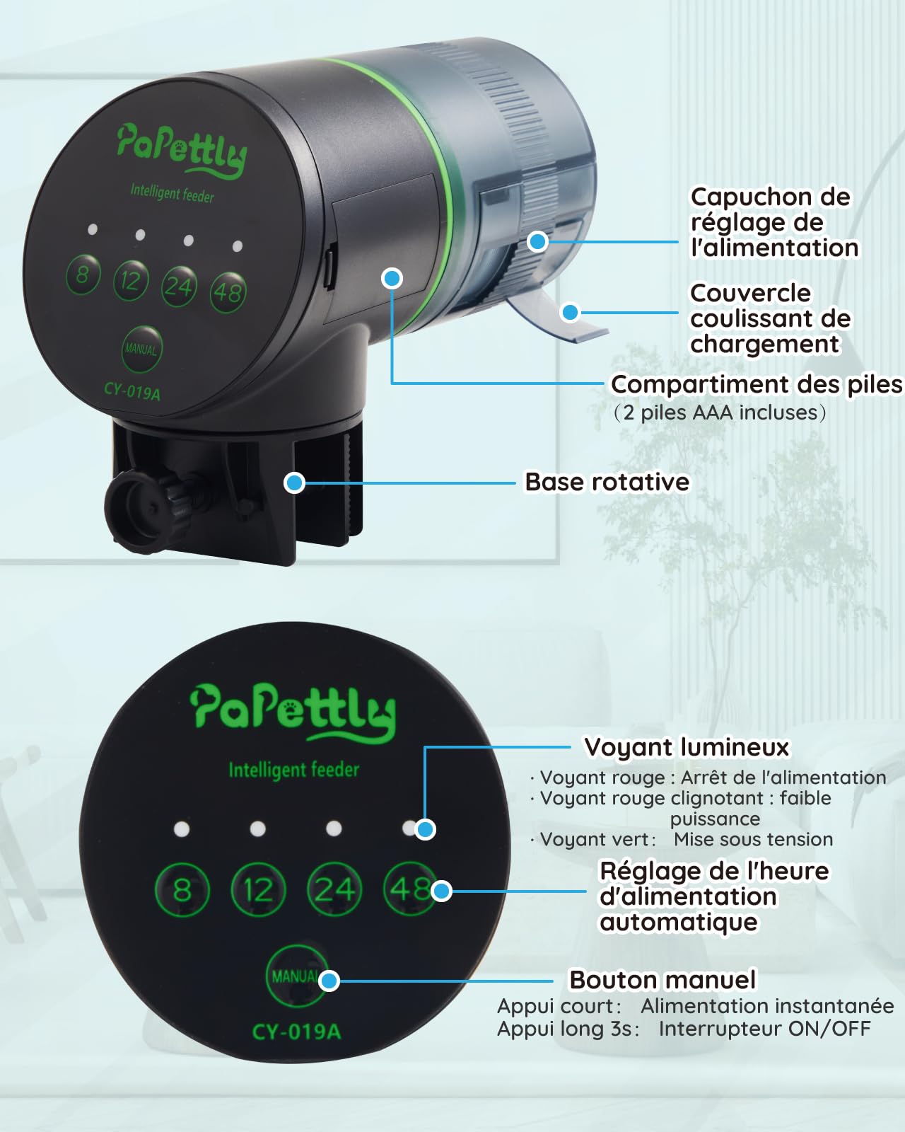Papettly Distributeur automatique de nourriture pour poissons d'aquarium fonctionnant avec piles - 200 ml - 2 piles AAA incluses