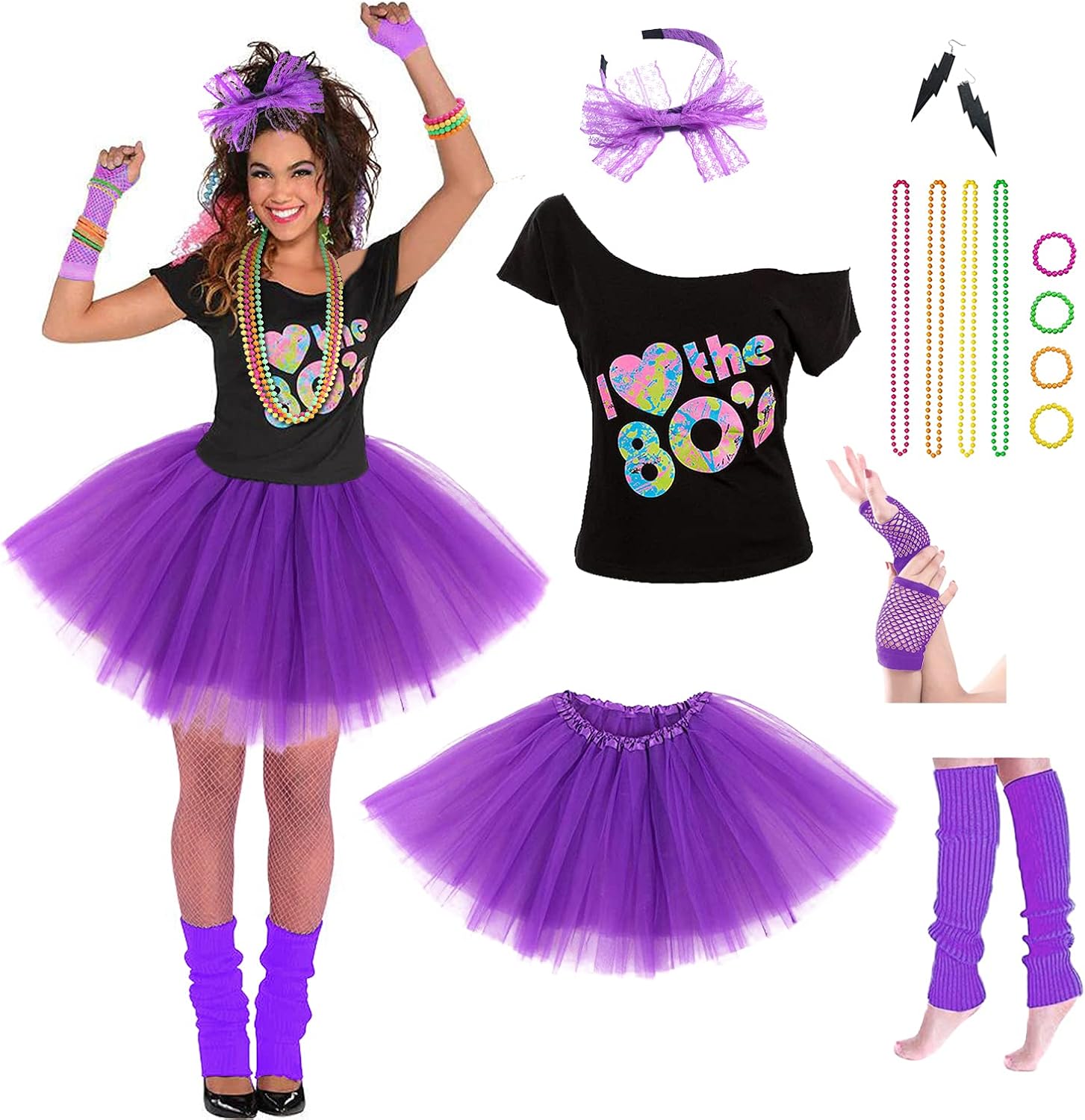 Women's 80's Costumes with Accessories Set Tutu Skirt Earrings Necklace Bracelets Fishnet Gloves Legwarmers Headband All in … : Clothing, Shoes & Jewelry