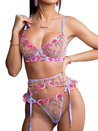 HELLOLAGIRL Sexy Lingerie Set for Women,Lace Womens Lingeries flower Teddy Lingerie 3 Piece with Garter Belt - Medium - Pink