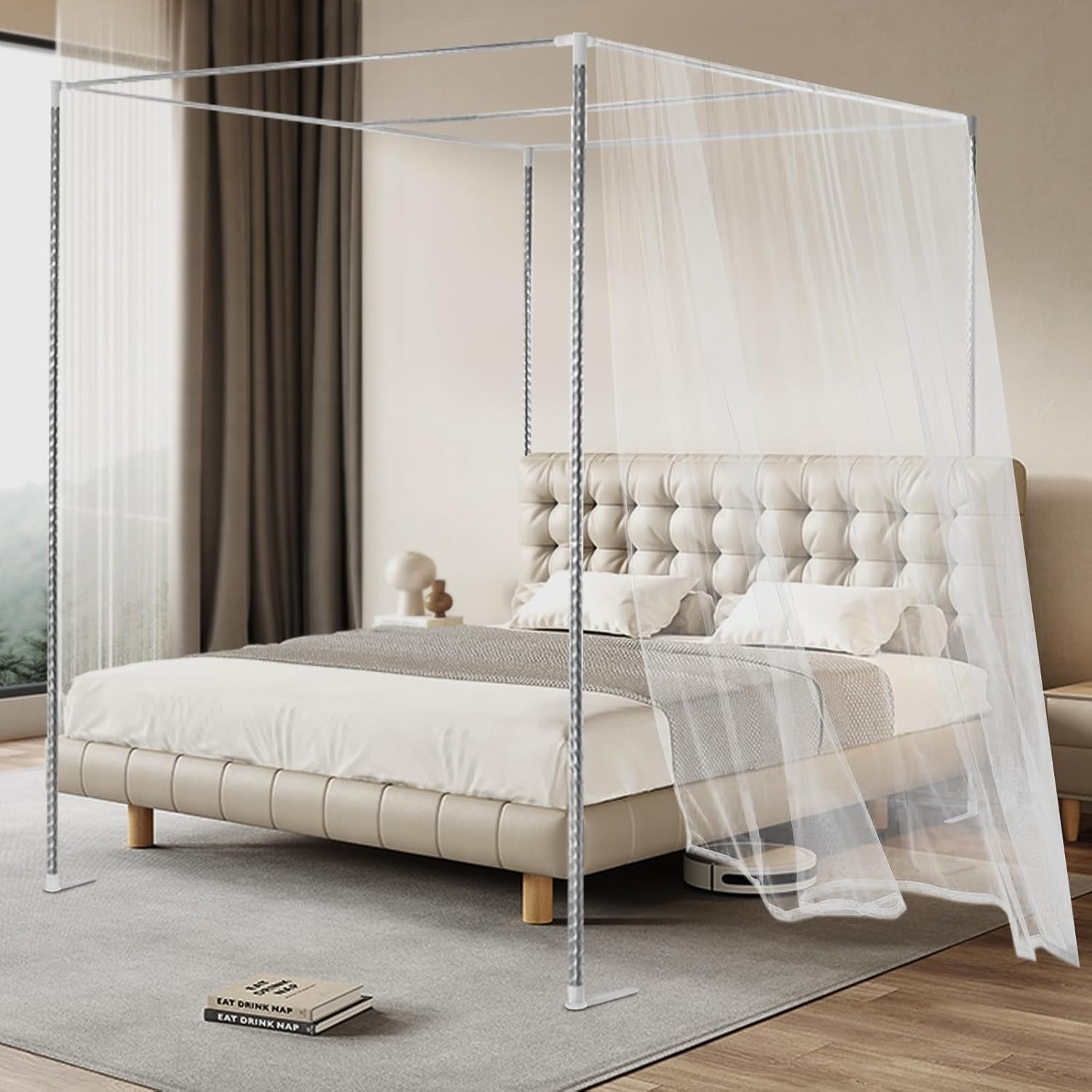 Stainless Steel 4-Corner Bed Canopy Frame - 1.5x2x2m (4.92x6.56ft) Mosquito Net Bracket with Threaded Ports & High Stability for Queen/King Size Beds
