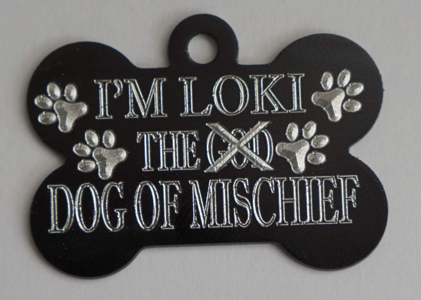 Loki GOD Dog of Mischief Personalised Engraved 38MM Bone Shaped Dog ID TAG Available in Nine Colours