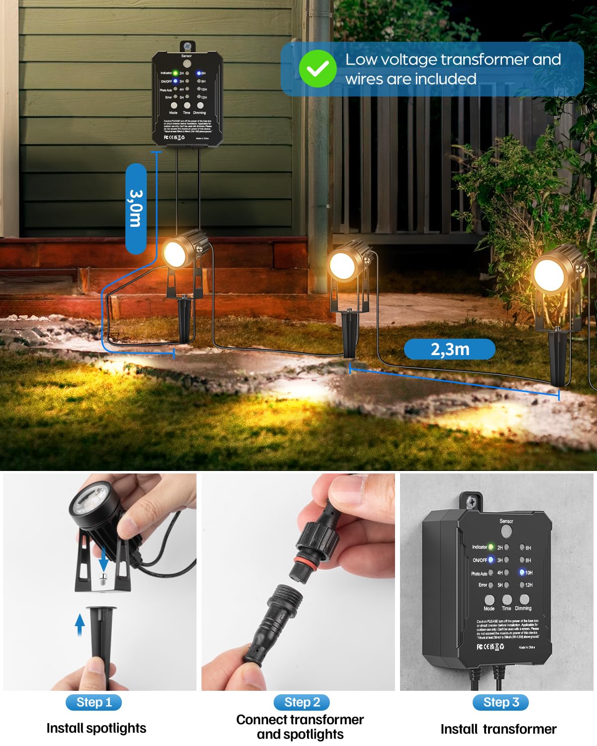 HIBOITEC 8 pezzi di illuminazione da giardino con trasformatore, 20,7 m di illuminazione da giardino con fotosensore, dimmerabile 2000K faretti da giardino a LED impermeabili per esterni
