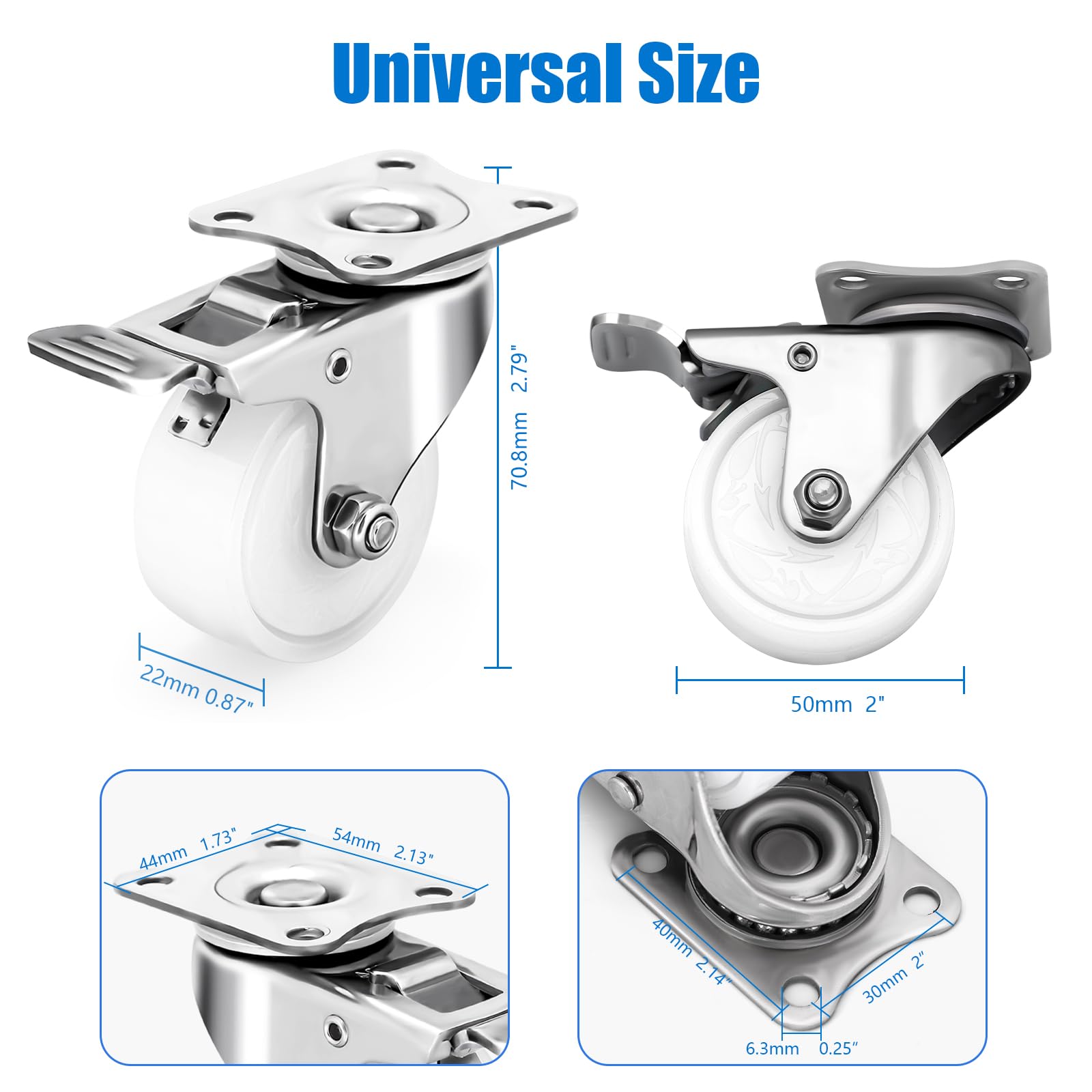 Set di 4 Ruote piroettanti in Acciaio Inox da 2 Pollici, antiruggine, per Esterni, con Freno, Ruote Resistenti in Poliammide PA per mobili, Laboratori e ristoranti.