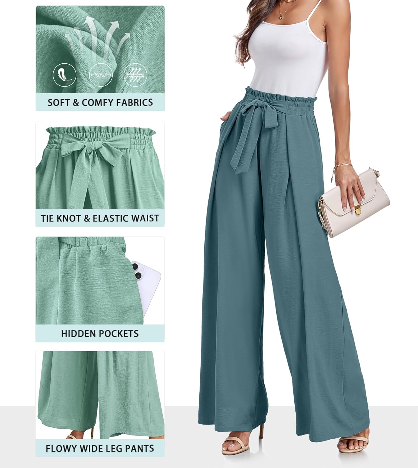 Lepunuo Wide Leg Pants for Women High Waisted Palazzo Pants Work Casual Flowy Tie Knot Trousers with Pockets - Image 3