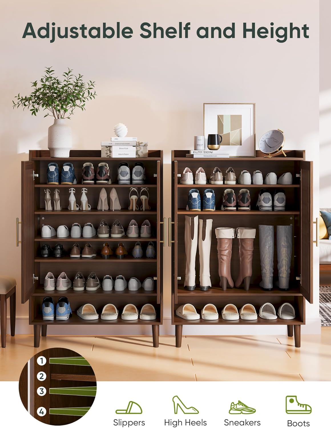 Smart FENDEE 6-Tier Large Shoe Storage Cabinet with 2 Doors, Freestanding Shoe Cabinet with Adjustable Shelves, Hidden Entryway Shoe Organizer for Hallway, Foyer, Walnut