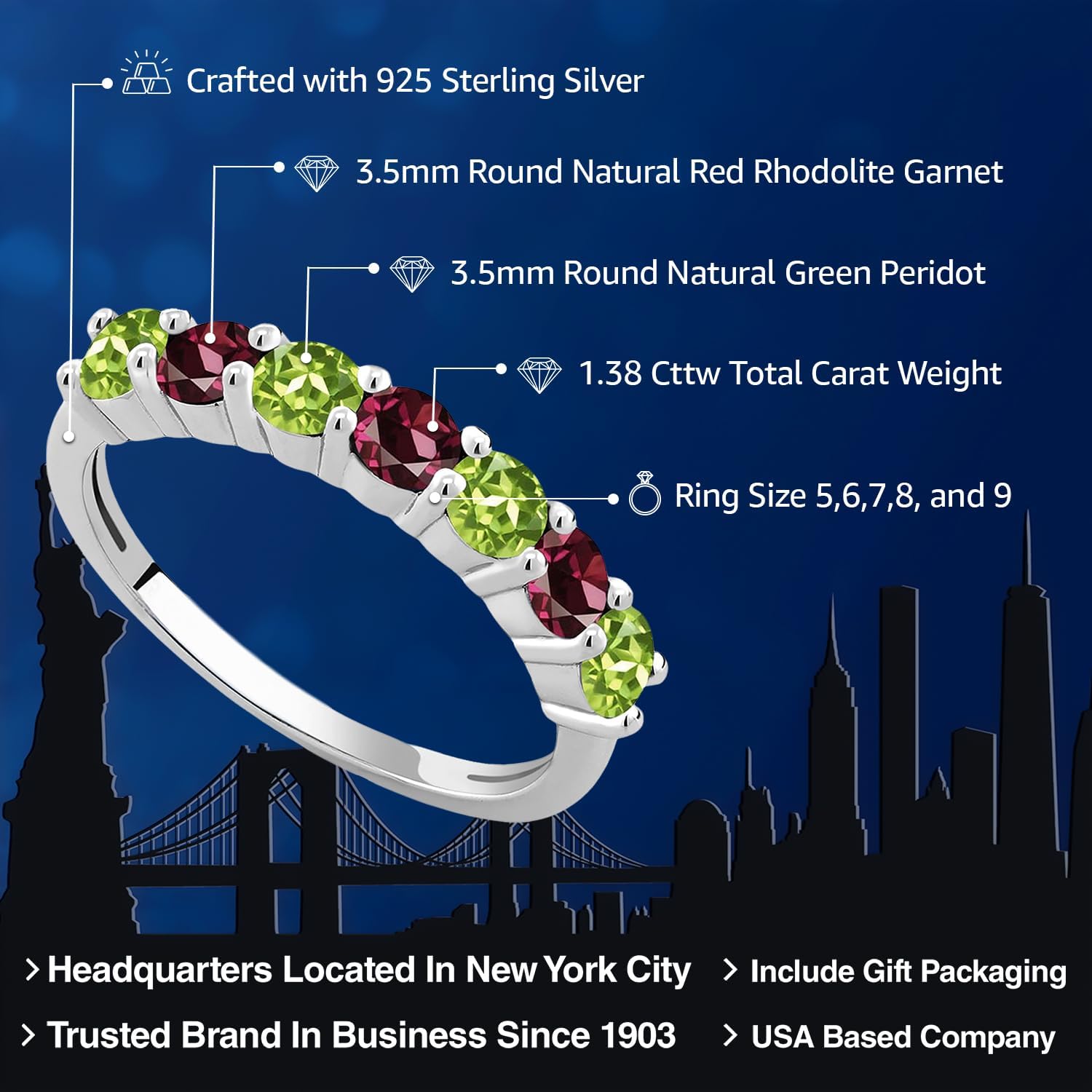 Gem Stone King 1.38 Cttw Green Peridot and Red Rhodolite Garnet Alternate Anniversary Ring For Women | 925 Sterling Silver | Gemstone Birthstone | Round 3.5MM | Available In Size 5, 6, 7, 8, 9