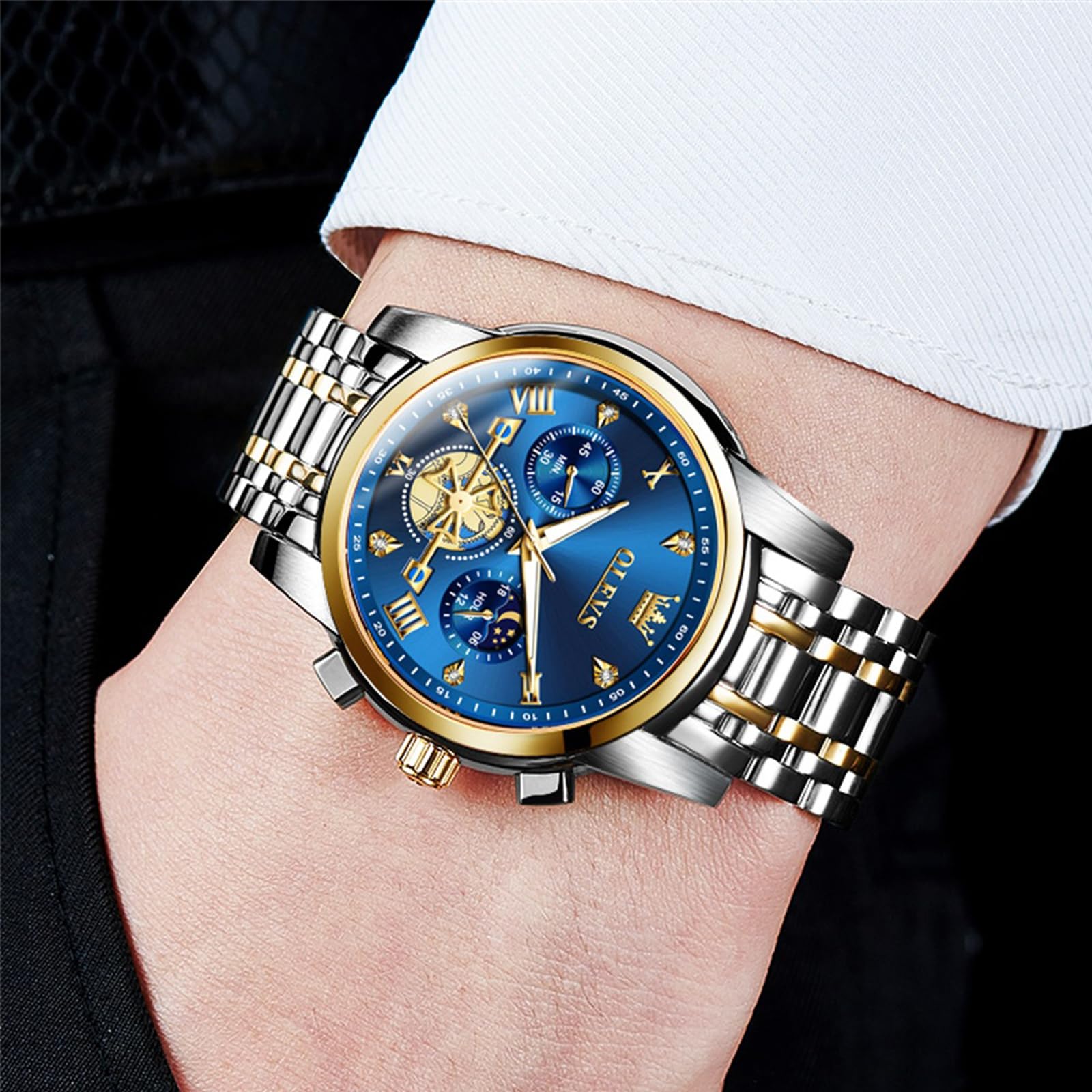 OLEVS Orologio da uomo con codice temporale, cinturino in acciaio inossidabile, impermeabile, multi funzionale, orologio da lavoro, al quarzo, rotondo, lussuoso, per uomo