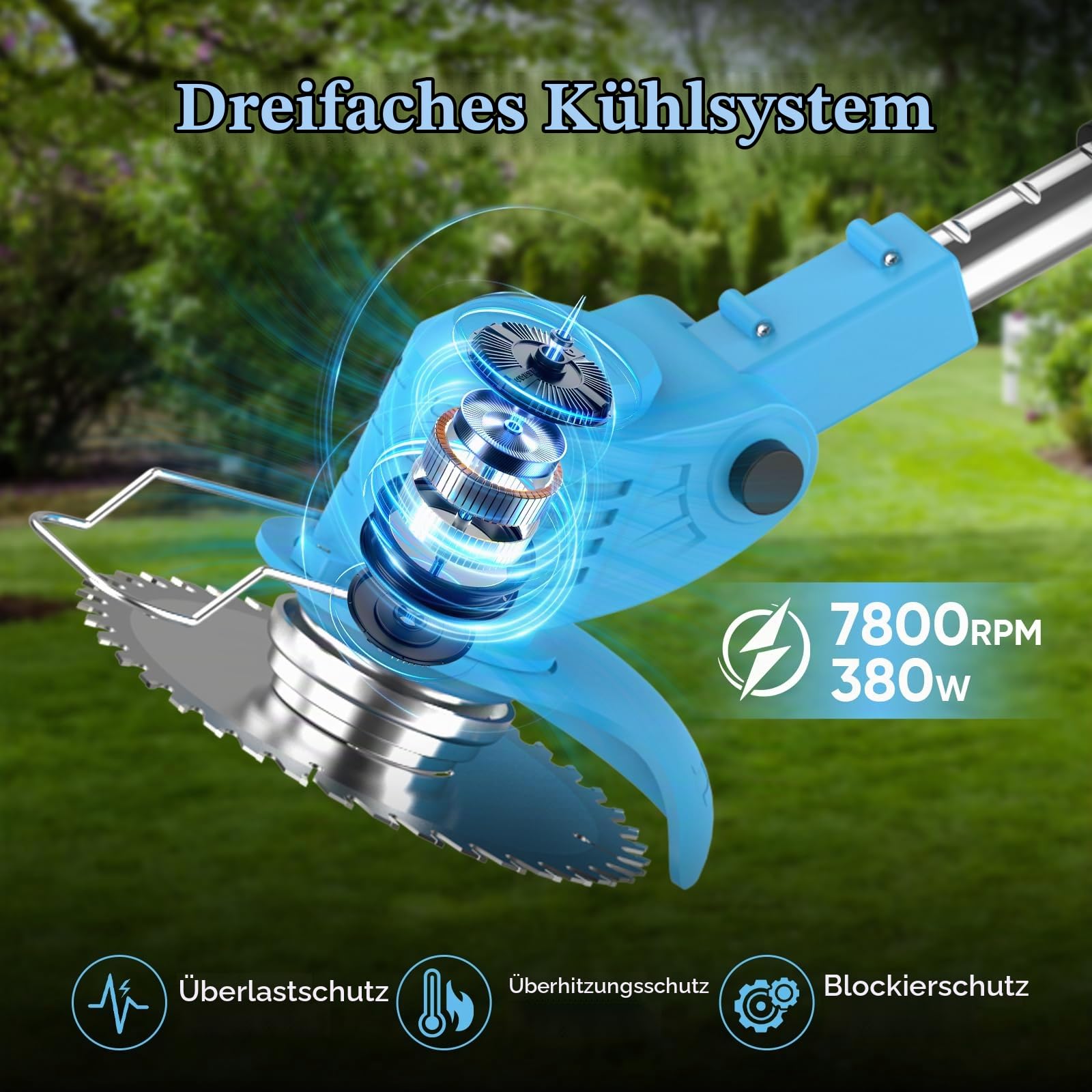 Akku Rasentrimmer 21V, Elektrischer Grasschneider Faltbar mit Teleskopstange, 380W, 7800 RPM, Schnittbreite 15cm, 20-50min Laufzeit, Leise, Kantenschneider für Garten Rasen Hof Unkraut (2 Batterien)