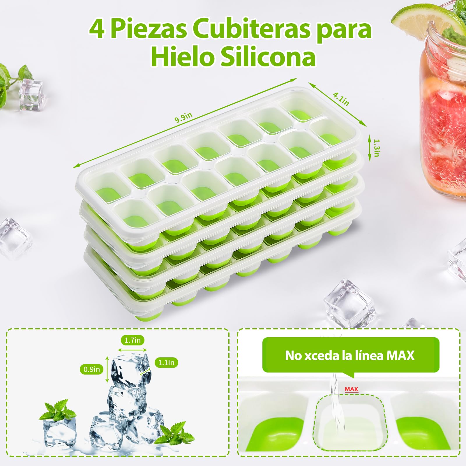 Cubiteras Silicona DOQAUS (4 Unidades) - 56 Cubitos Apilables Con Tapa