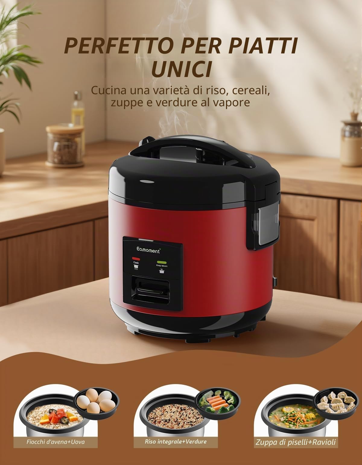 DRC-5020RD 1L|400W Cuociriso e Vaporiera per alimenti (1ltr-5 tazze) Cottura veloce senza bruciare Pentola con rivestimento antiaderente rimovibile, paletta per il riso e misurino