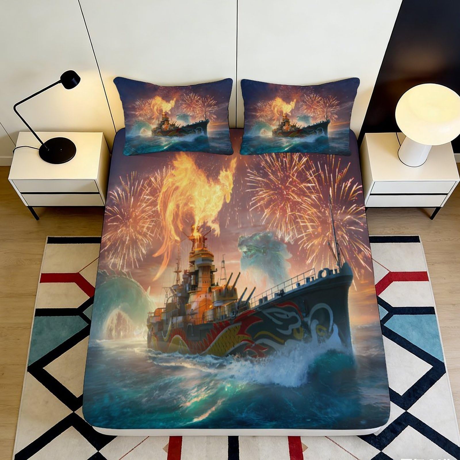 3D Printed Fireworks Warship Fitted Sheet Microfiber Soft Breathable Ocean Bed Cover for Bedroom Guest Room Decor 90x200x25cm