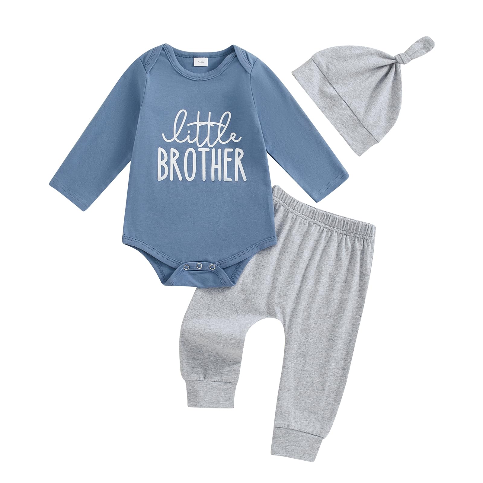 PanLidapanNewborn Baby Boy Clothes Long Sleeve Little Brother Letter Print Romper Top Drawstring Elastic Trouser Set Hat 3Pcs Fall Tracksuit