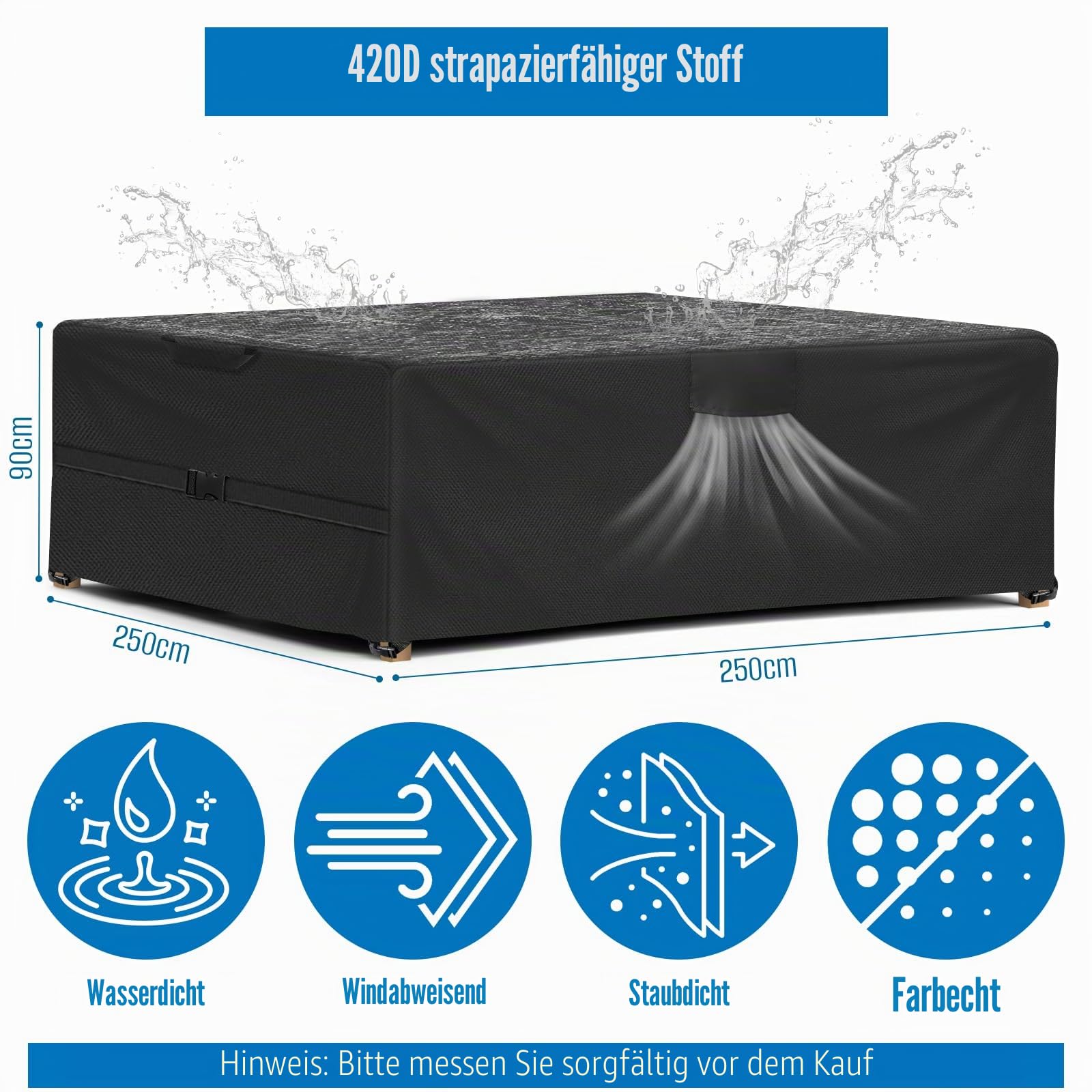 SIRUITON Abdeckung für Gartenmöbel Rechteckige SitzgarniturenWasserdicht Sitzgruppe Abdeckhaube Schutzhülle Gartentische und Möbelsets Gartenmöbel Sofa Staubdicht Outdoor Schwarz 250x250x90cm