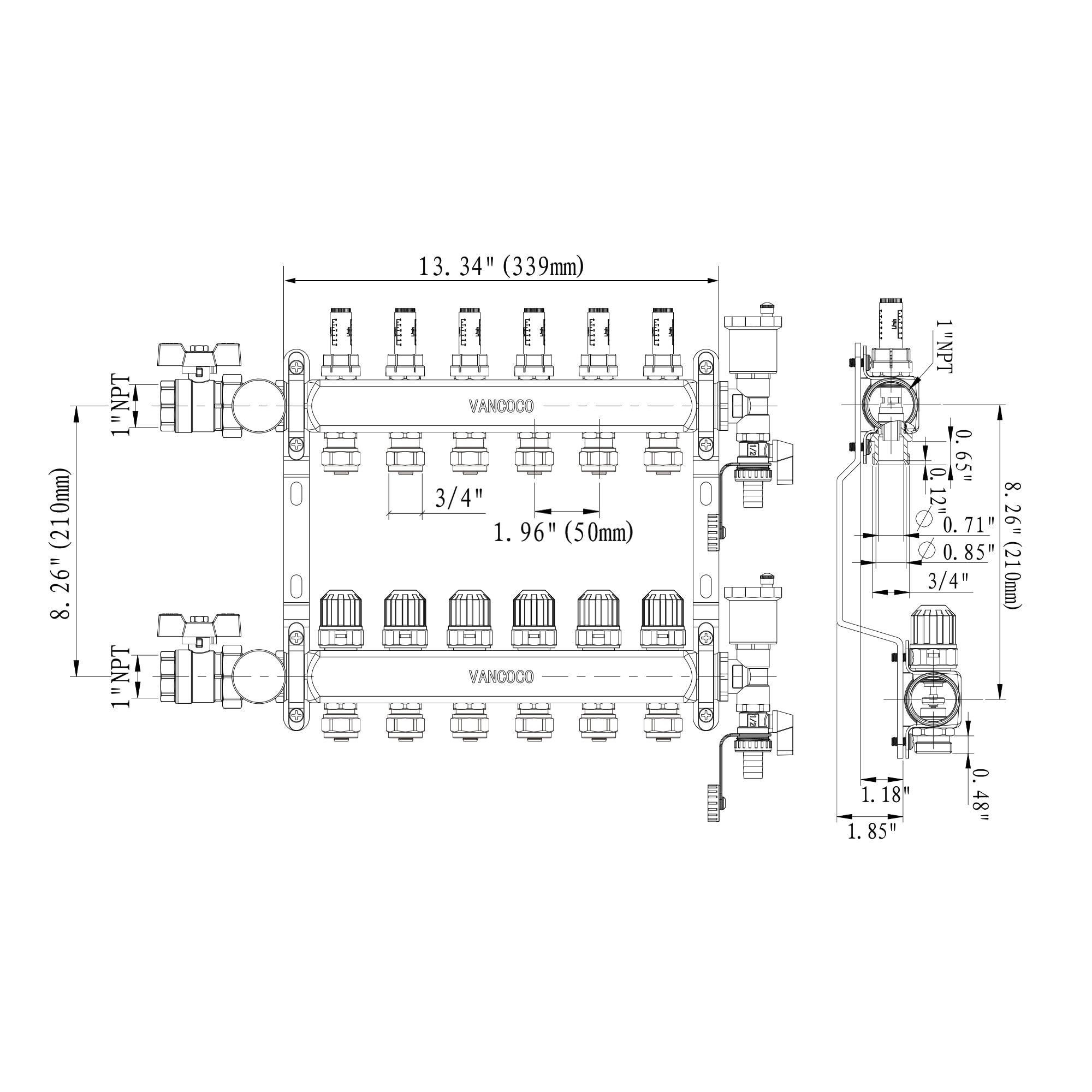 VANCOCO Sistema de calefacción de suelo radiante PEX de 6 bucles con adaptadores de tubo PEX de 1,27 cm, colector de acero inoxidable para calefacción de suelo radiante hidrónico