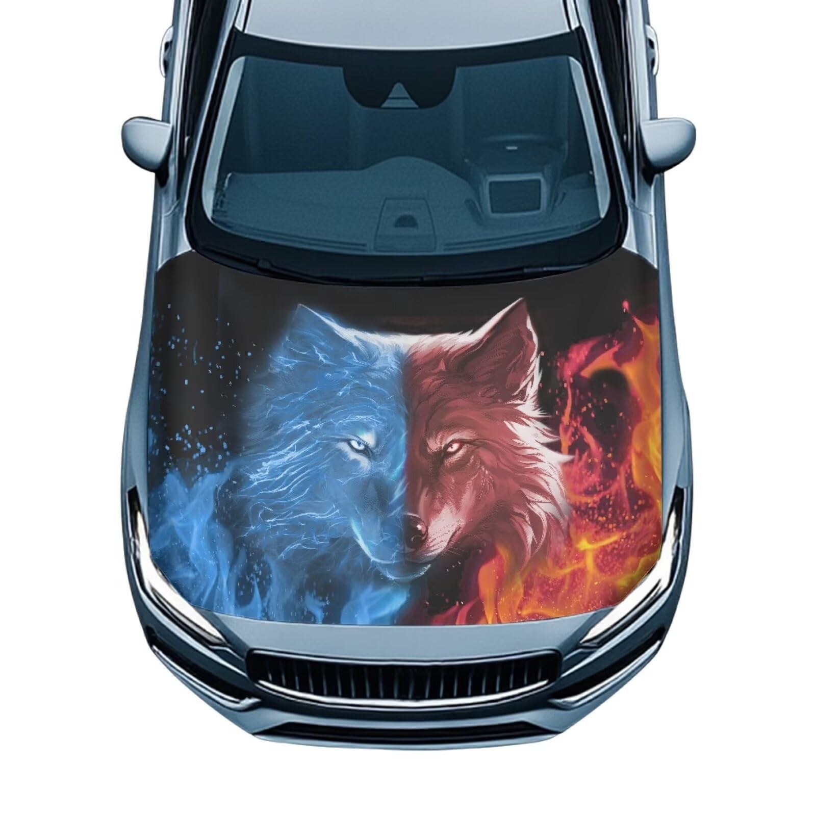 Water Fire Wolf Car Hood Cover Polyester Elastic Fabrics Can be Washed Suitable for Large SUV and Pickup Trucks