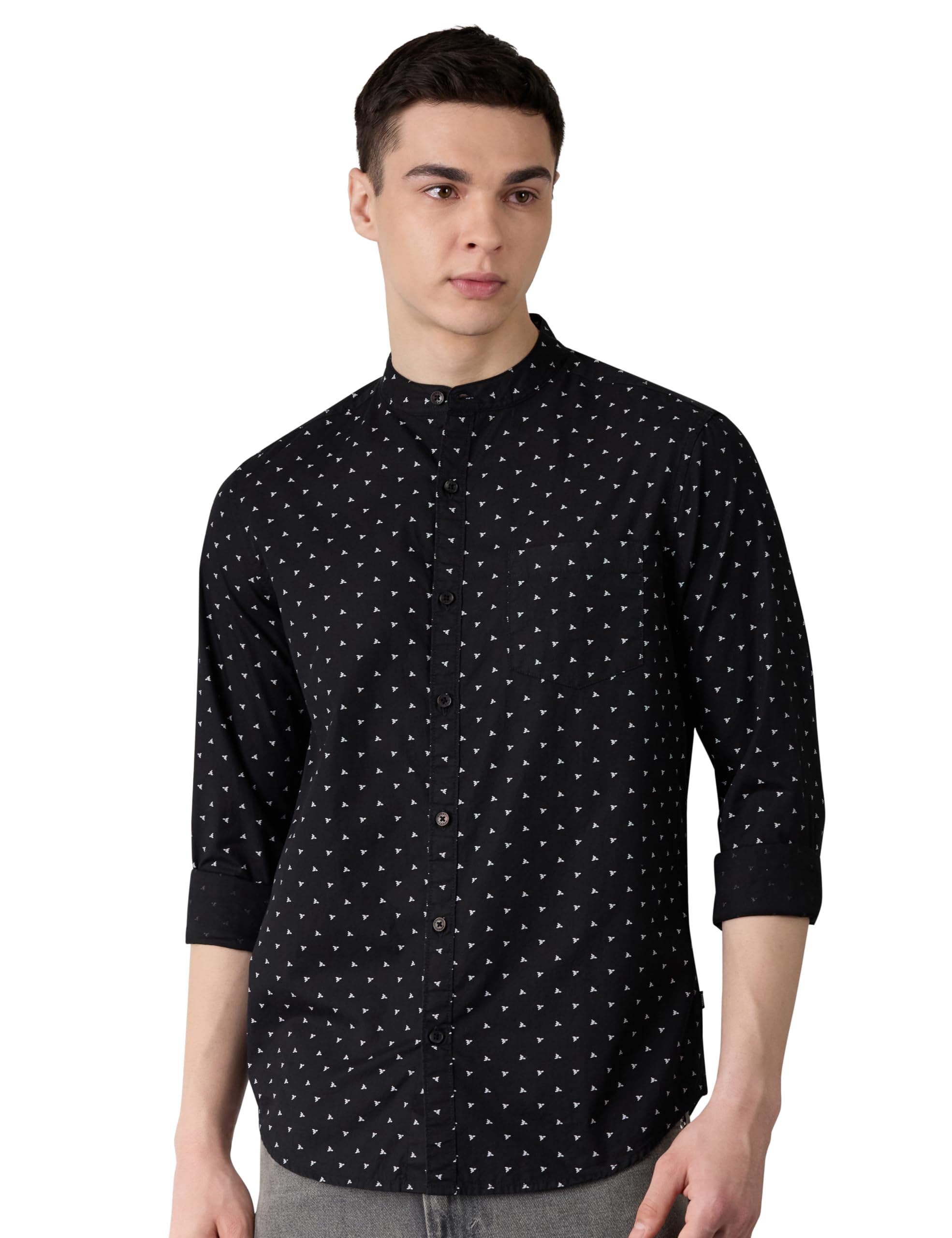 Amazon Brand - Symbol Men's Cotton Casual Printed Shirt| Mandarin