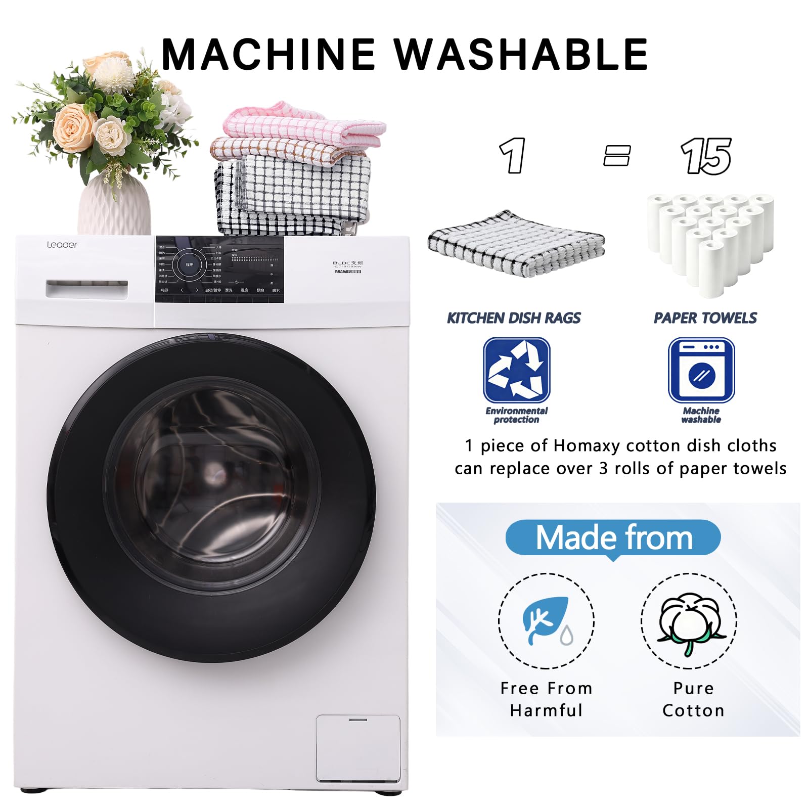 Homaxy Lot de 8 torchons de cuisine en coton éponge super doux et absorbants, 40,6 x 63,5 cm et 30,5 x 30,5 cm, noir/gris/rose/marron