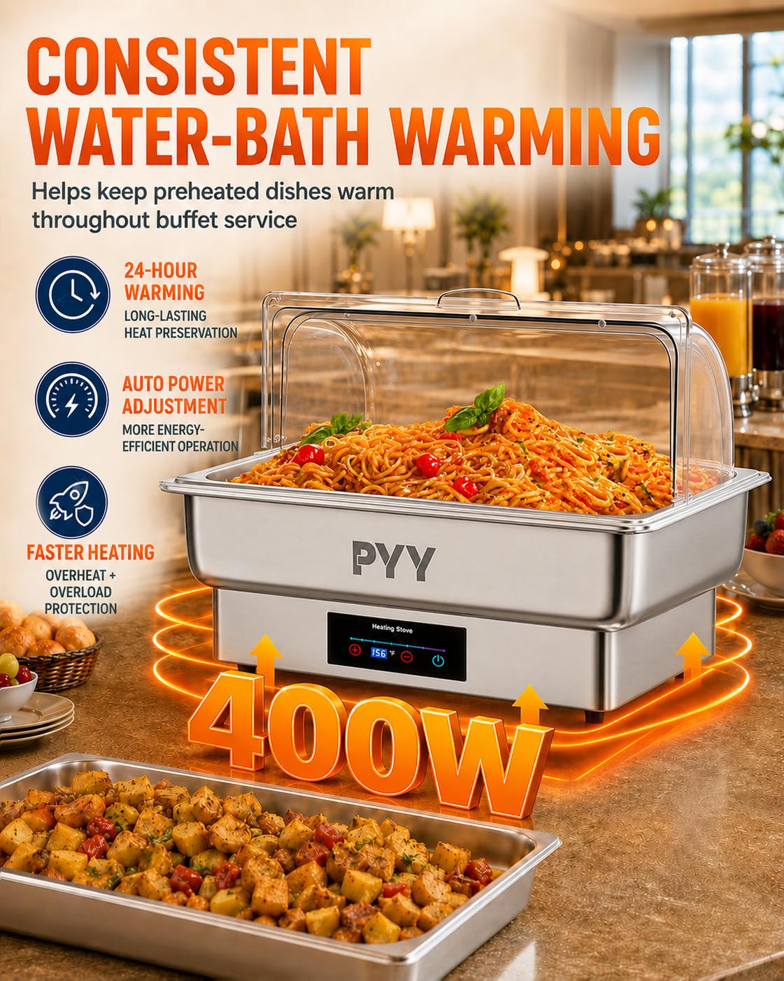 PYY Juego de Platos eléctricos para bufé, Plato de frotamiento con Parte Superior Enrollable, Juego de Servidor de Rozaduras de Acero Inoxidable para Catering, bufés (tamaño Completo con Tapa)