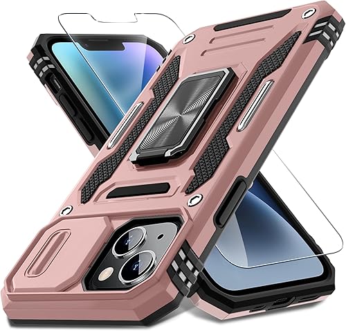 DEERLAMN Funda para iPhone 14 Plus con cubierta deslizante para cámara + protector de pantalla (1 unidad), soporte de anillo giratorio de grado