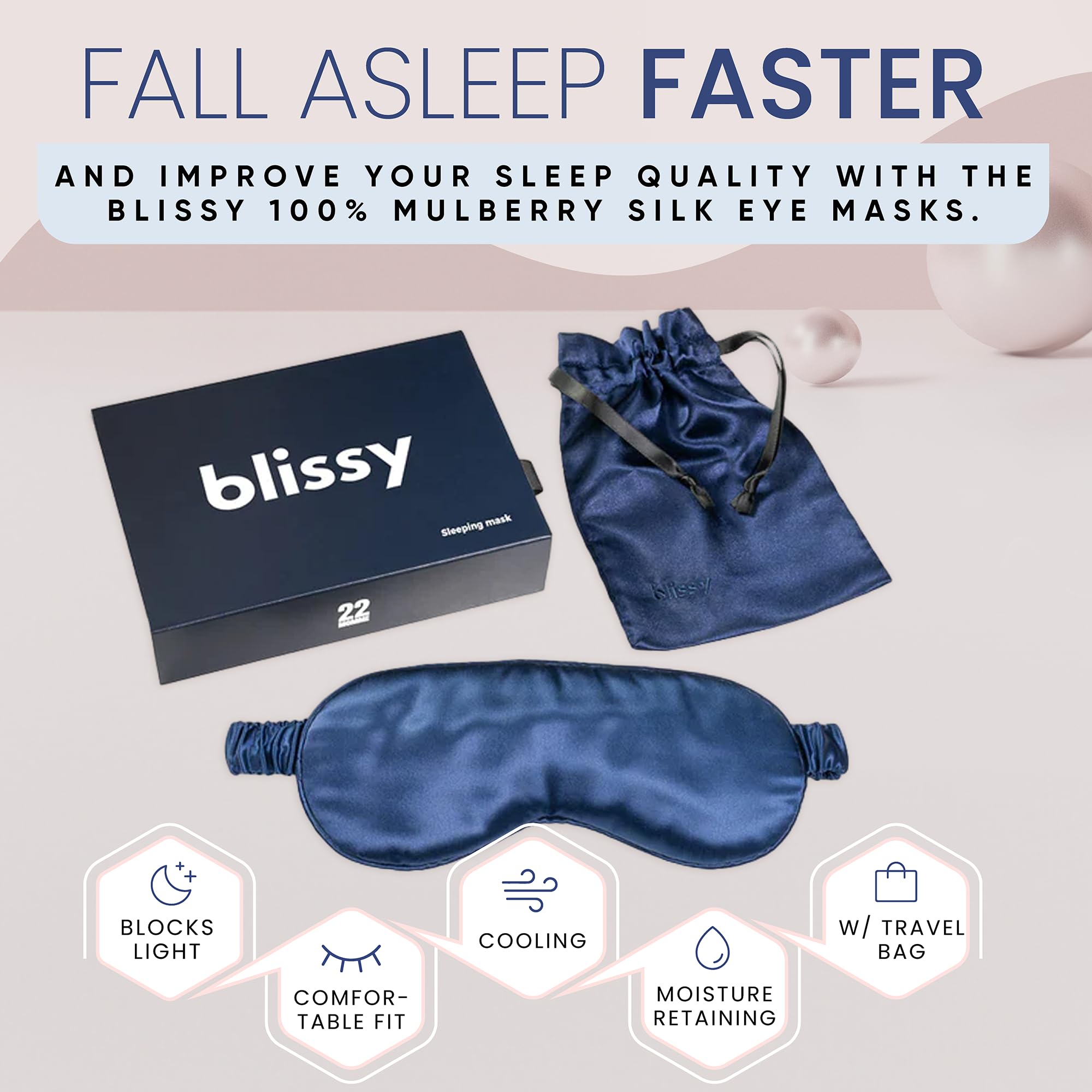 BLISSY Silk - Mascherina da notte in seta, per donne e uomini, per un oscuramento totale, 100% pura seta di gelso, 22 momme, fibre 6a, mascherina per dormire, copertura per gli occhi (blu)